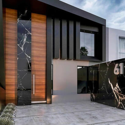 Modern Luxury Home Exterior with Black Marble and Wood Accents in Ontario, Canada Contemporary stone exterior featuring sleek black quartz stone, warm wood paneling and bold architectural design in Ontario, Canada.